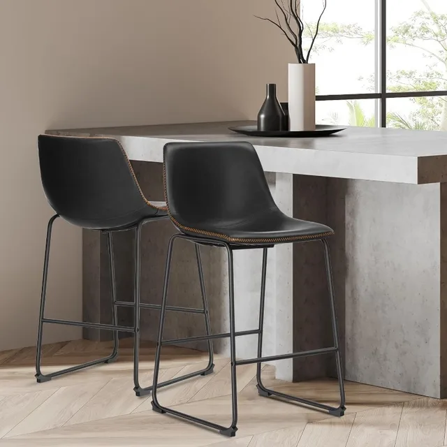 Counter Height Bar Stools Set of 2, Modern Faux Leather High barstools with Back and Metal Leg,